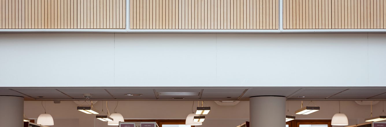 Two students talking in a university library