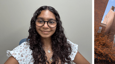 Jazelyn, Kaplan Student Engagement Manager at UConn, alongside a University of Connecticut campus building.