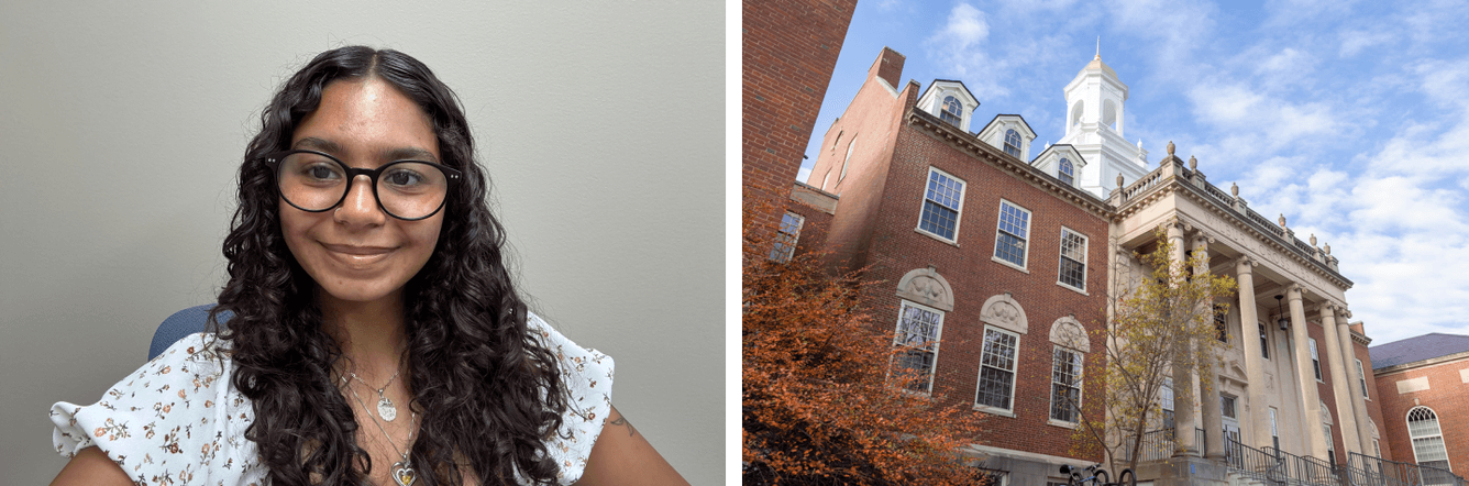 Jazelyn, Kaplan Student Engagement Manager at UConn, alongside a University of Connecticut campus building.