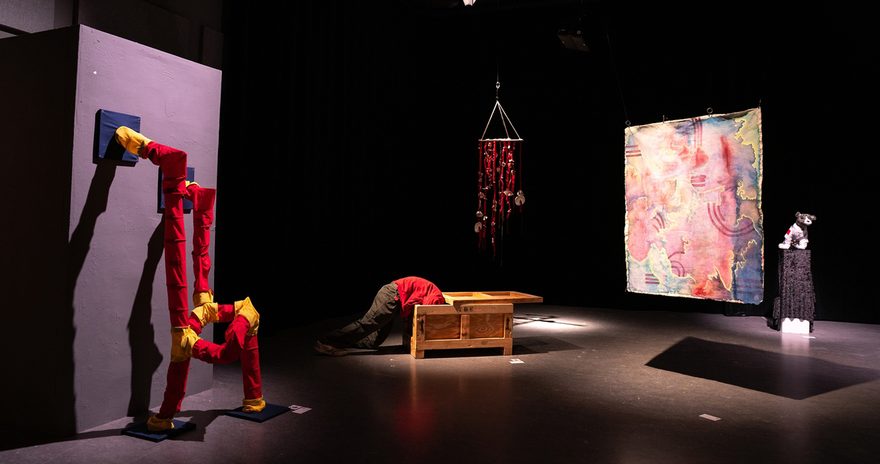 Student artwork and installation pieces displayed in an exhibition space at Emily Carr University