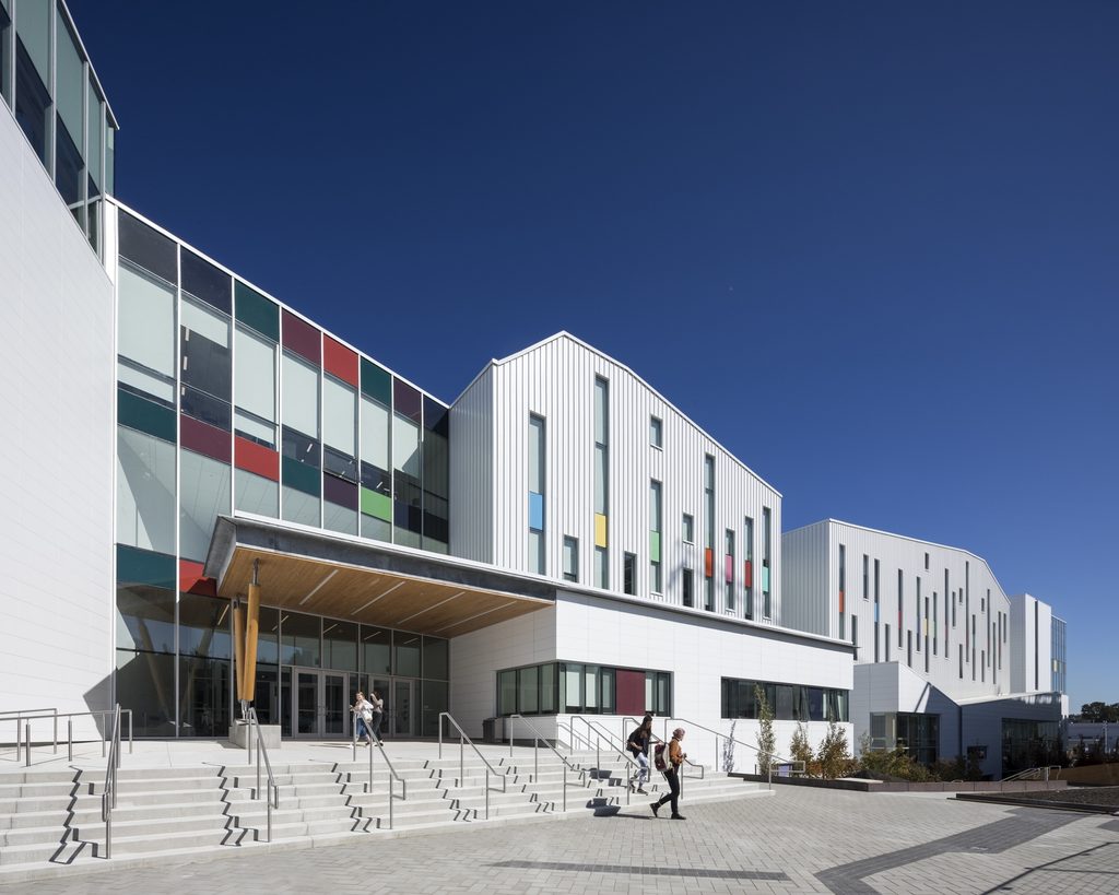 Students walking outside the main campus entrance at Emily Carr University