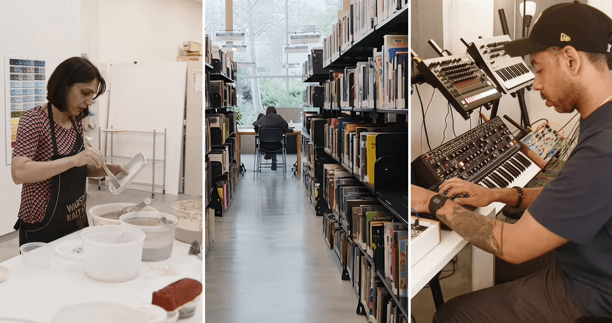 Creative spaces at Emily Carr University featuring art making, library resources and music production