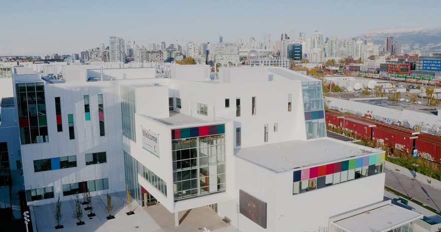 View of the Emily Carr University campus building and surrounding Vancouver skyline